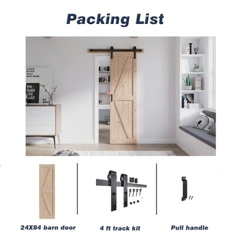 24 Inch By 84 Inch Sliding Barn Door With Hardware Kit Included Four Foot Solid Spruce Panel K Shape Wood Door For No Fuss DIY Assembly Rustic Farmhouse Style Interior Room Divider installed in modern room