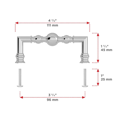 Firenze Collection Chrome Traditional Round Cabinet And Drawer Pull Handle For Kitchen And Bath 3 3/4 Inch Center To Center dimensions