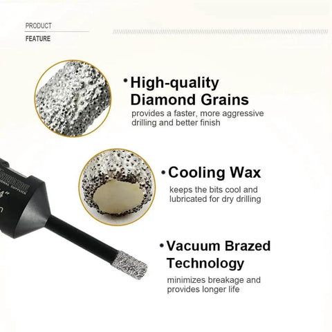 Close-up of Heavy Duty Diamond Core Drill Bits Set with vacuum brazed technology for porcelain, granite, marble, stone, and brick.