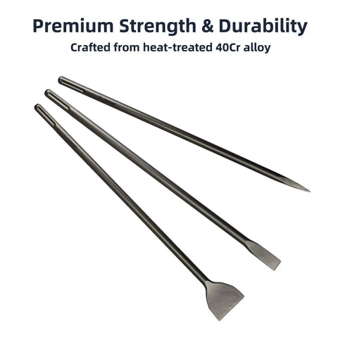 24 Inch SDS Max 3 Piece Masonry Chisel Set With 1 Inch Flat Chisel Point Chisel And 3 Inch Scaling Chisels For Brick Stone Concrete Heavy Duty 40Cr Steel SDS Max Rotary Hammer Drill Bit Set lying flat with product features emphasized.