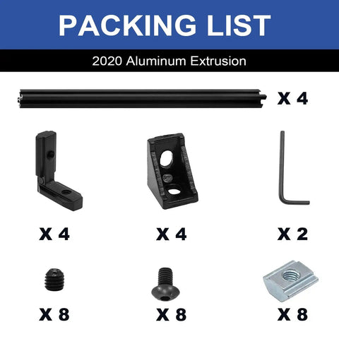 Packing list showing components of 4 Pack 2020 Aluminum Extrusion V Slot 400mm Black With Corner Bracket Kit for 20x20 framing.