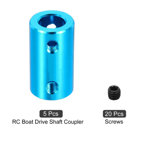 Blue aluminum RC boat drive shaft coupler, 5 pcs set for 4–8 mm shafts, two threaded holes; includes 20 screws