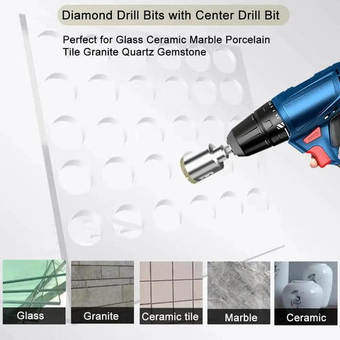 Pro Grade Two And A Quarter Inch Diamond Hole Saw With Pilot Bit And Diamond Tip Coating For Glass Ceramic Marble Porcelain Tile Granite Quartz For DIYers With Guiding Drill Bit For Precise Cutting By ASNOMY in use with drill on tile