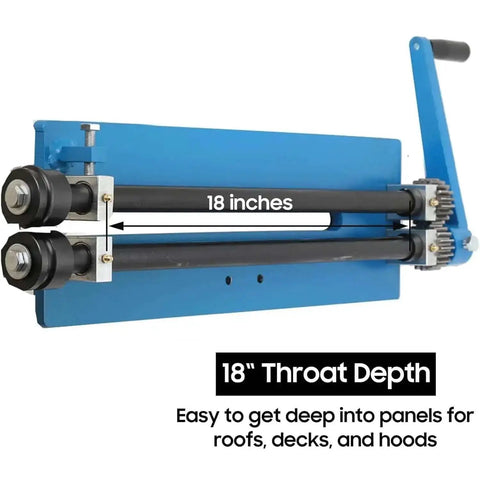 Heavy Duty Sheet Metal Bead Roller with 18 Inch Throat Depth and gear-driven hand-crank, showcasing included dies and blue frame