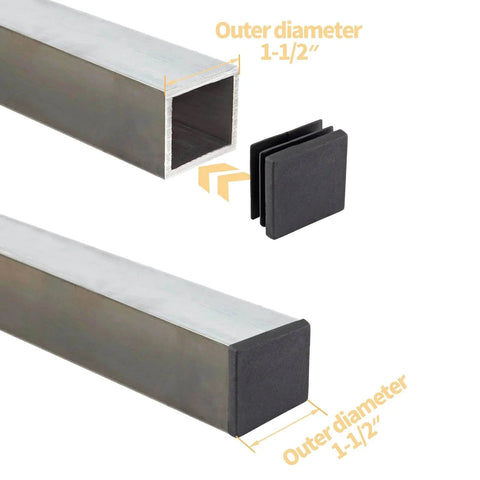 30 Pack One And One Half Inch Square Plastic End Caps for Square Tubing Chair Legs Fence Black shown next to square tubing.