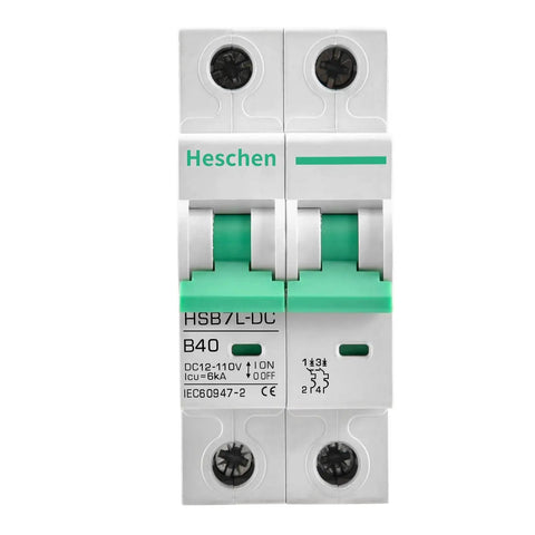 Front view of DC Miniature Circuit Breaker 2-Pole 40 Amp Non-Polarized Type B 12V-110V DC MCB with 6kA Breaking Capacity.
