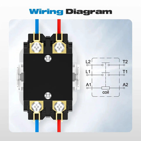 Wiring diagram for 2 Pole 40 Amp 24V AC Contactor For HVAC Outdoor Units And Condensers with connection points labeled.