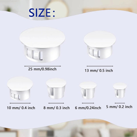 Six Sizes White Plastic Hole Plugs Set For Panels And Cabinets Round Knockout Locking Hole Covers Fits Drill Holes Size Chart