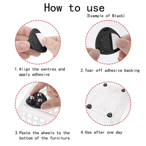 Installation steps for Eight Pcs Self Adhesive Mini Caster Wheels Set For Small Kitchen With 360 Degree Swivel Stainless Steel Rolling Universal Wheel Black Durable And Easy To Install Ideal For Appliances Cabinets And Carts