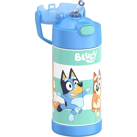 Kid Friendly Water Bottle With Straw, 12 Ounce Stainless Steel Vacuum Insulated Bottle in blue with cartoon design