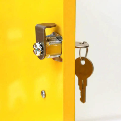 Close-up of lock mechanism and keys on yellow Lockout Tagout Cabinet Kit For Padlocks, highlighting secure storage features.