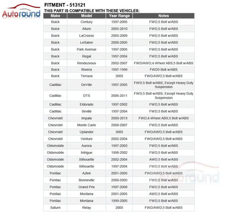 Compatibility list for Front Wheel Hub Bearing Assembly 513121 Fit Chevy Buick Cadillac Pontiac Oldsmobile with models and years.