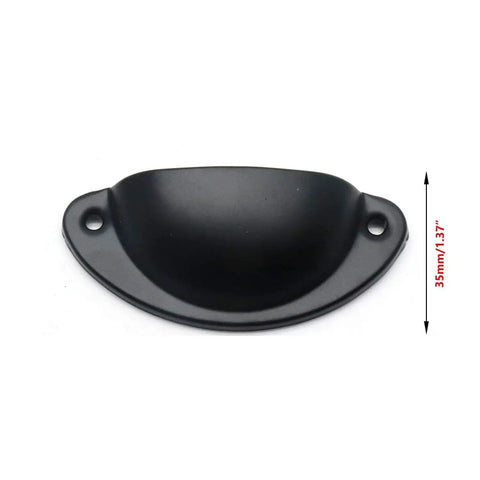 Black Cup Pulls Cabinet Handles Vintage Shell Shaped Decor Pulls shown in iron spray painted finish, with dimensions 35mm or 1.37 inches high.