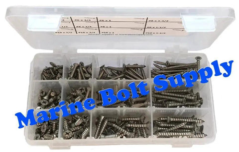 316 Stainless Steel Phillips Drive Flat Head Sheet Metal Screw Kit For Marine And Outdoor Projects displayed in a storage box