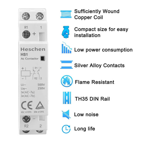 Household AC Contactor HSR1-16 16A 2 Pole 2NC With 24V DC Coil shown with features like compact size and low power consumption
