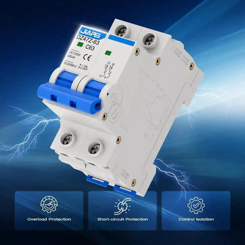 Rock Solid Miniature Circuit Breaker 1000V 2 Pole 63 Amp Isolator For Solar PV Systems With Thermal Magnetic Trip DIN Rail Mount C63 DC Disconnect Switch For Instant Overcurrent Protection, front view