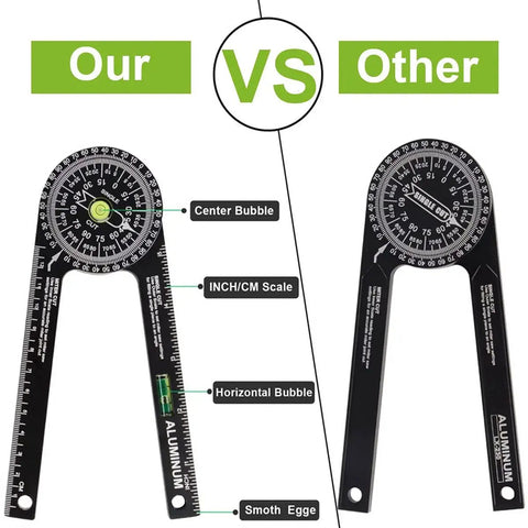 Comparison of aluminum Miter Saw Protractor Angle Finder With Level Gauge versus a competitor's model showing scales and bubbles.