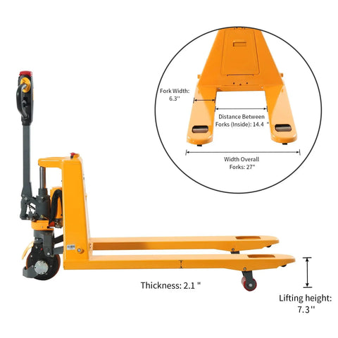 Side view of APOLLOLIFT electric pallet jack with 48 x 27 in forks, yellow, lithium battery, 3300 lb capacity