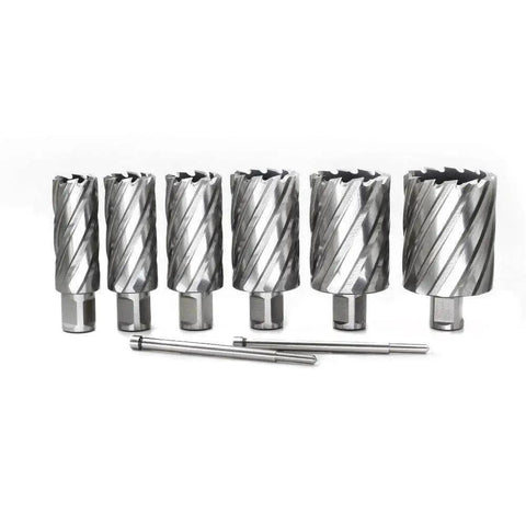 Heavy Duty Annular Cutter Set For Drill Press Six Pieces Three Quarters Inch Weldon Shank Two Inch Cutting Depth One To Two Inch Diameter Range HSS Slugger Bits Magnetic Drill Compatible With Two Pilot Pins JESTUOUS