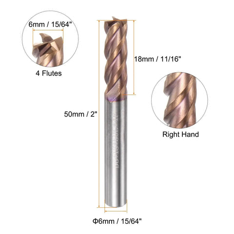 Diagram of Five Piece Pro Grade Carbide Square End Mills Set For 6mm Diameter With 50mm Length Shank TiSiN Coated Micro Grain Tungsten Carbide Four Flutes HRC55 Right Hand Cut Milling Bit Cutter Harfington