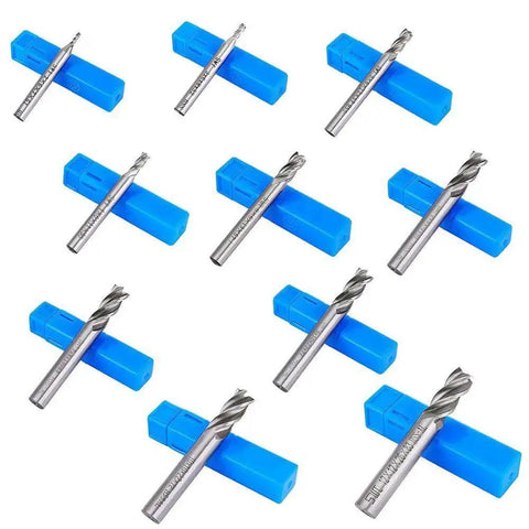 End Mill Set For CNC Routing 10 Pc Sizes From 0.08 Inch To 0.47 Inch 4 Flute HSS Straight Shank Cutter Bits For Wood Aluminum Steel Titanium AFUNTA TiAIN Coated For Heat Resistant Machining