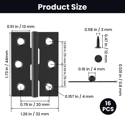 Door hinge set by ZIUZI, 16-piece, black stainless steel, 2-inch folding hinges with screws