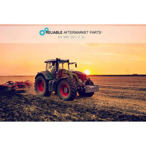 Tractor plowing field at sunset, showcasing Reliable Aftermarket Parts logo.