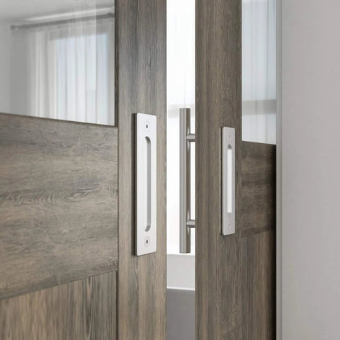 Two Pack 12 Inch Sliding Barn Door Handle Set, Heavy Duty Stainless Steel Flush Pull Hardware, close-up on wood doors