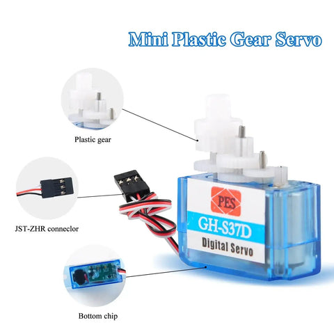 Ultra Lightweight Micro Digital Servo GH S37D Coreless Motor with plastic gears, JST-ZHR connector, and bottom chip view