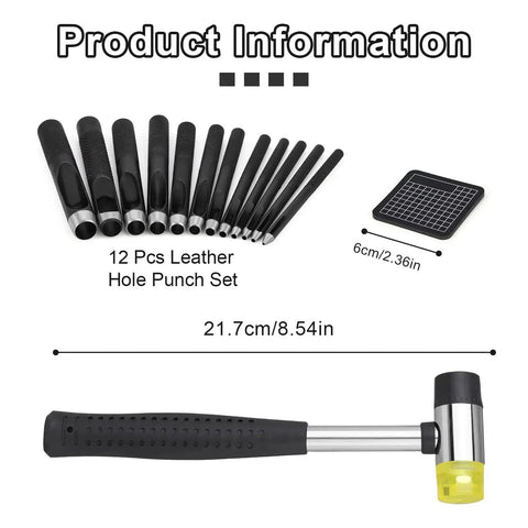 Heavy Duty Leather Hole Punch Set 1.0 To 10mm Hollow Punches With Non Slip Knurled Steel Build Includes Cutting Mat And Double Ended Hammer
