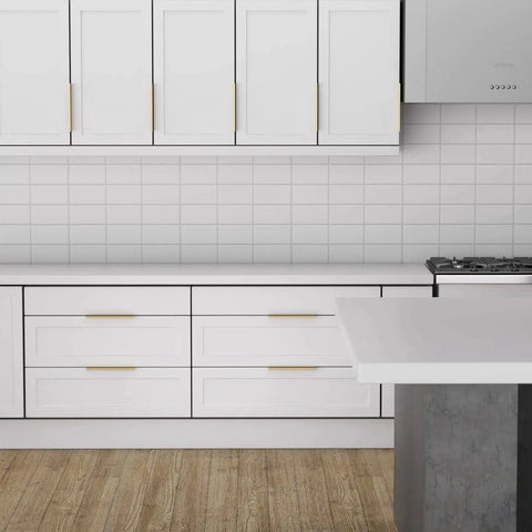 Champagne Gold Finger Edge Pulls Set Of 10 For Drawers And Cabinets installed in modern kitchen with white cabinets and wood floor