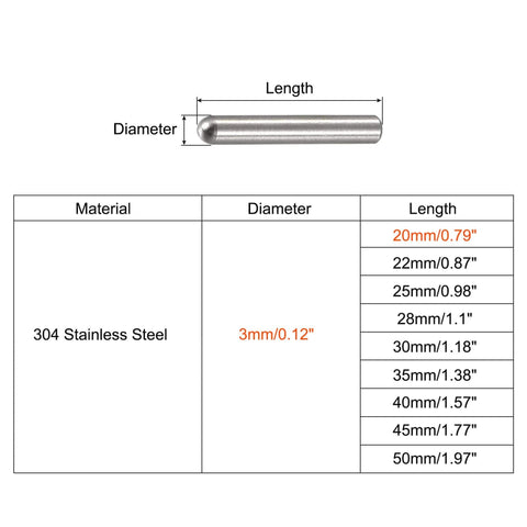 Technical drawing of 304 Stainless Steel Dowel Pins 3x20mm Round Head Flat Chamfered End 50 Pack For Furniture Shelves Bunk Beds