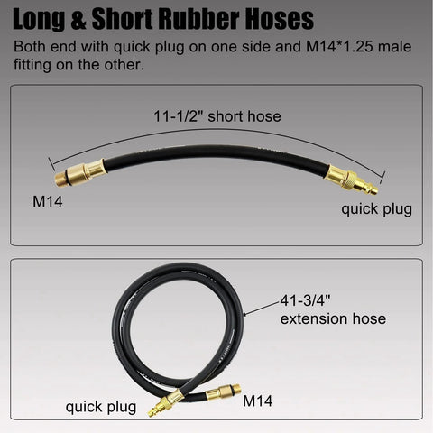 Leak Down Tester Kit For Cars And Small Engines With Dual Gauge Pressure Readout showing long and short rubber hoses with fittings.
