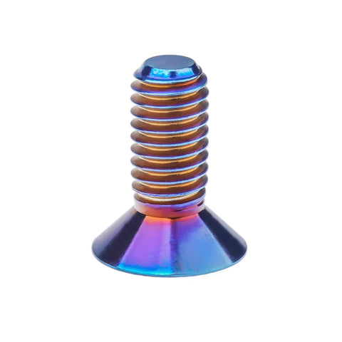 Close-up of a burnt blue Titanium Torx countersunk flat head bolt, M6 size, made of Grade 5 6Al4V titanium alloy, ultra light and high strength.