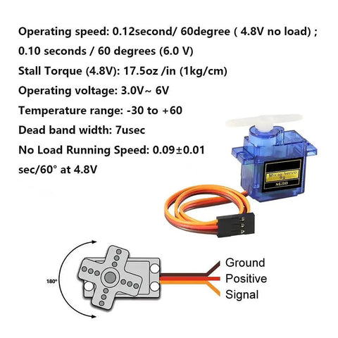 Diagram of Four Pack 9G Micro Servo Motors SG90, showing speed, torque, voltage, and wiring for Arduino and RC hobby projects.