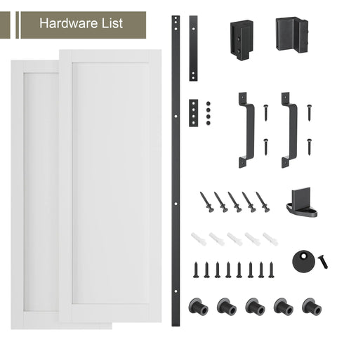 White Primed Solid Core Sliding Barn Doors 40x96 Inch Double Door Set With Bypass Hardware Kit shown with track system components