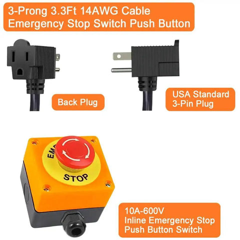 Emergency Stop Push Button Switch with 3.3 Foot 14AWG cable, piggyback plug, and IP67 waterproof inline power button for extension cords.