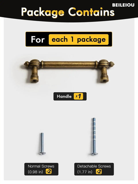 Package contents including Antique Brass Zinc Alloy Cabinet Pulls Three And Three Quarters Inch Hole Center with screws