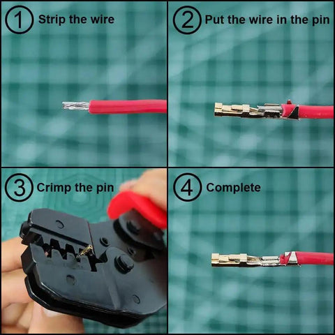 Step-by-step crimping guide from 55 Sets Servo Plug Male And Female Connectors With Crimp Pins Cable Kit And Crimping Tool