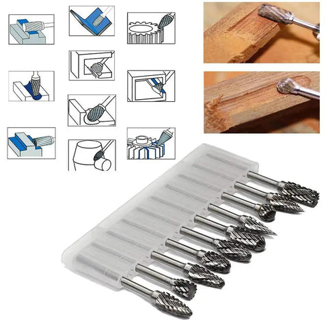 Double Cut Carbide Rotary Burr Set Pro Grade 10 Pc Kit With One Eighth Inch Shank And Quarter Inch Head in plastic case