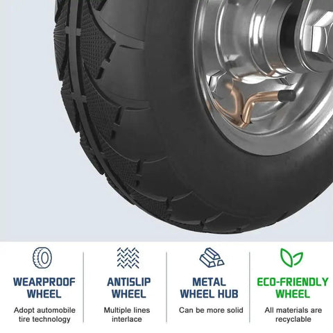 Close-up of a heavy duty 8 inch gate wheel for wooden or metal gates with pneumatic tire, showing metal hub and tire tread.