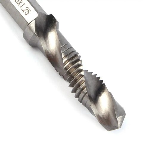 All In One HSS Drill Tap Bit M8 X 1.25 Self Centering Chamfering Tool for Soft Metals, close-up view