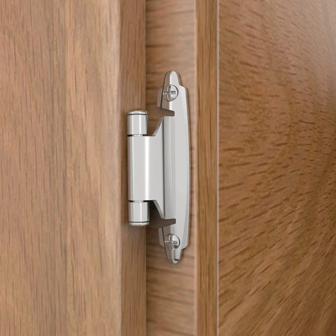 Chibery 3/8in inset cabinet hinge, brushed nickel finish, self-closing flush-mount, mounted on wood cabinet door