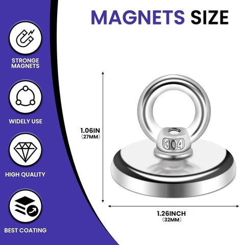 Size chart for Six Pack Neodymium Fishing Magnets 100 Lb Pull For River Retrieval showing 1.26 inch diameter and 1.06 inch height.