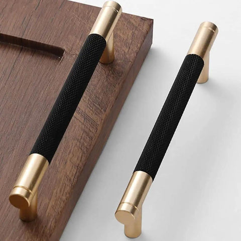 Gold and Black Knurled Bar Cabinet Pulls Sleek with 5 Inch Center to Center, 6.2 Inch Length installed on wooden cabinet