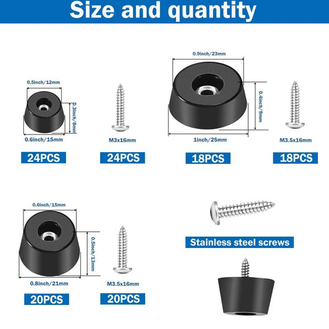 124Pcs Rubber Feet Kit With 3 Size Screws For Cutting Boards Furniture Cabinets And Electronics No Slip Bumpers diagram