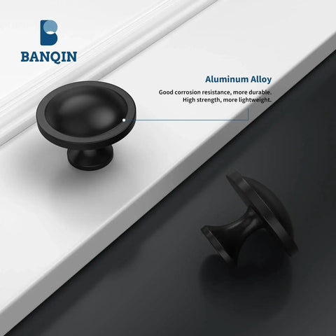 10 Pack Black Round Mushroom Cabinet Knobs For Dresser And Drawer 1.5 Inch Diameter, shown in aluminum alloy, close-up