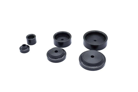 Three Piece Hole Punch And Flare Tool Set With Dimple Plate Dies In Black for 16ga Steel; includes five eighths inch to two and a half inch dies.