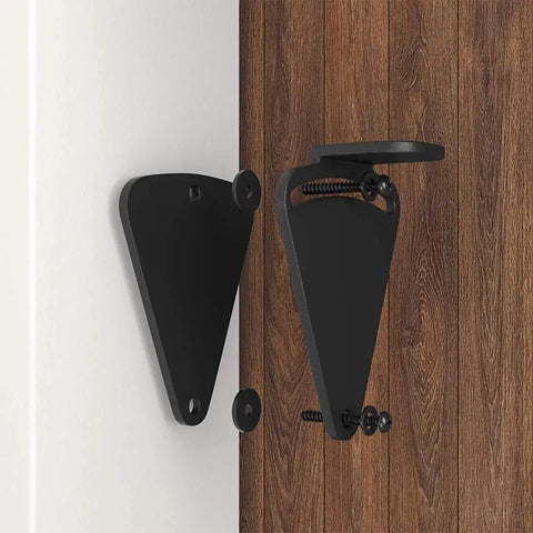 Barn Door Lock Hardware Black Steel Sliding Privacy Latch installed on wood door, durable carbon steel, black powder coat finish