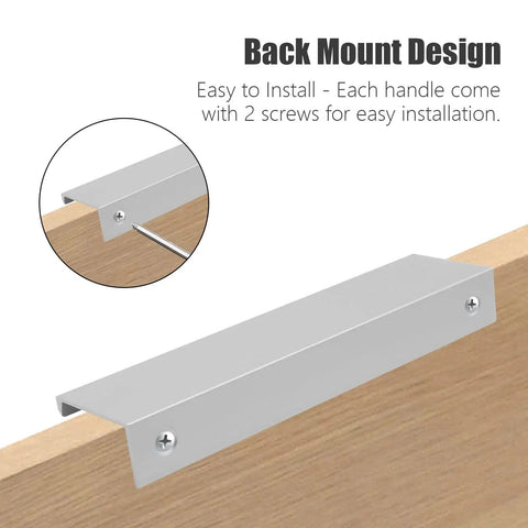 Back Mount Finger Edge Pulls 2 Pack 80mm Aluminum Hidden Handle Concealed Tab installed on wooden drawer